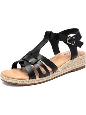 Women's Platform Wedge Heel Sandals Black Open-Toe Ankle Strap with Buckle